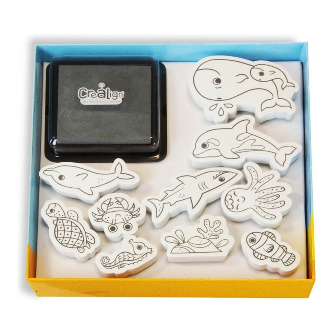 Conjunto de carimbos de borracha em caixa amarela