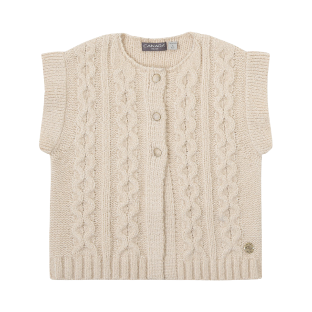 Camisola de malha bege com padrão de trança e botões frontais