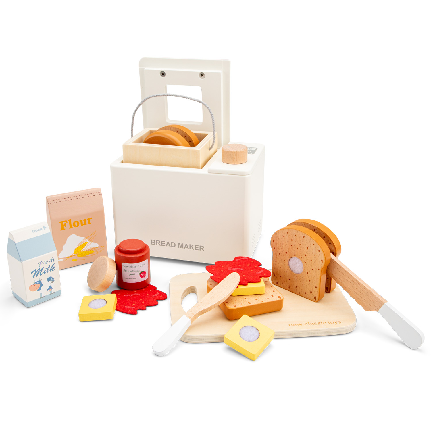 Brinquedo de cozinha em madeira com máquina de pão, fatias de pão, farinha, leite e geleia