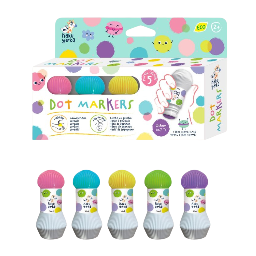 Conjunto de 5 marcadores punteados coloridos com embalagem ilustrada.