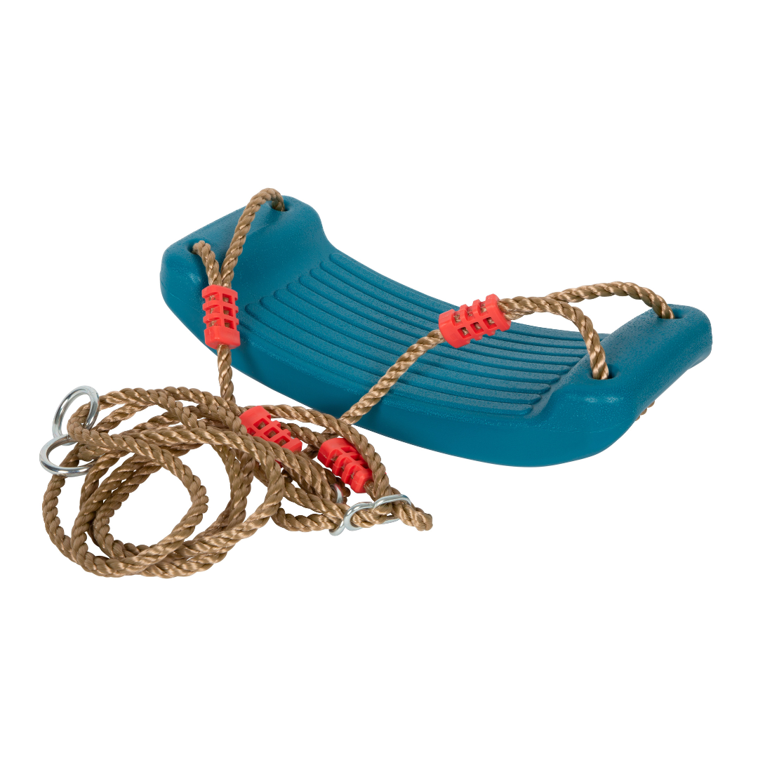 Baloiço infantil azul com cordas castanhas e elementos vermelhos