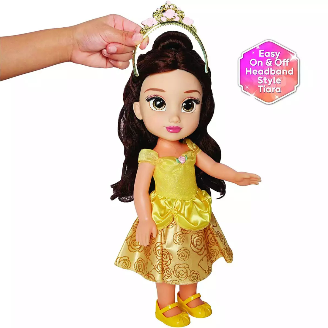 Boneca vestida de amarelo com cabelo castanho e tiara removível