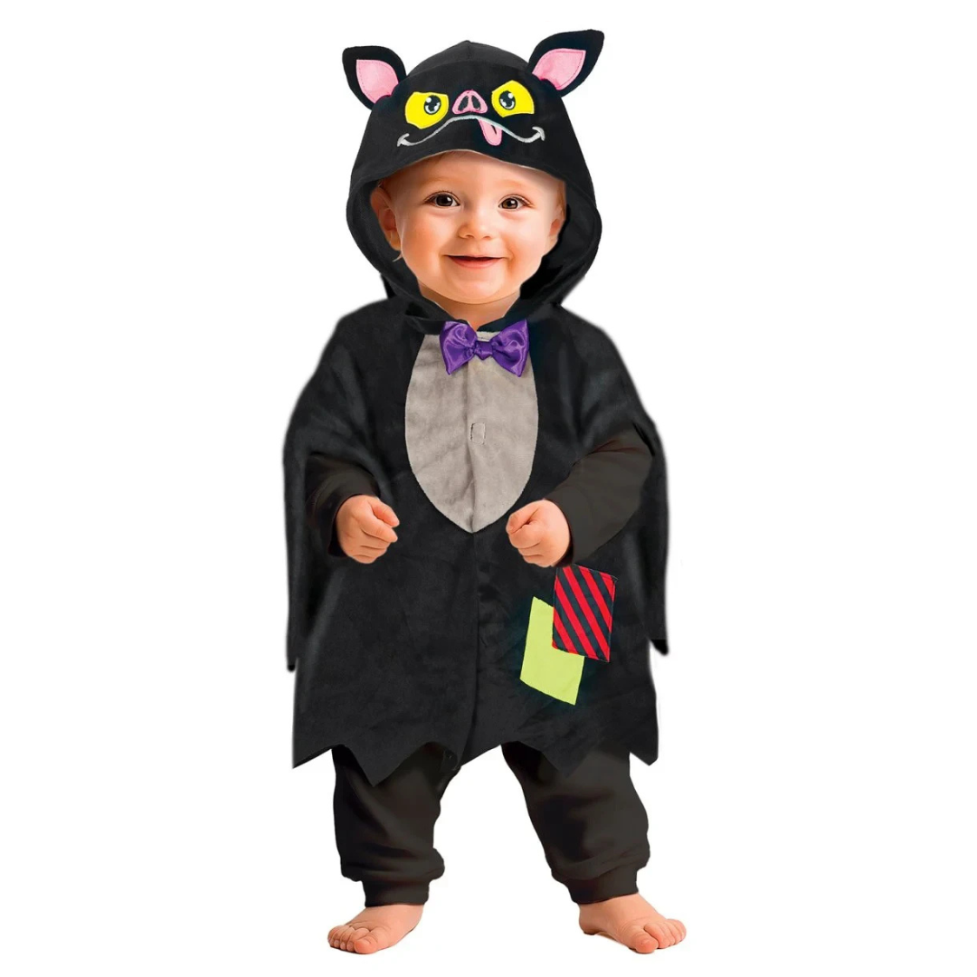 Roupa de fantasia para bebé em tecido preto com laço roxo e capuz de morcego