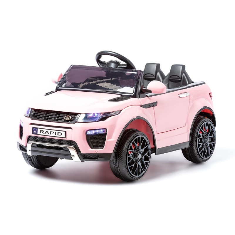 Carro elétrico infantil cor-de-rosa com dois bancos e volante preto