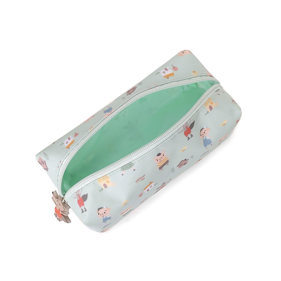 Estojo azul claro com padrão de figuras e fecho branco aberto