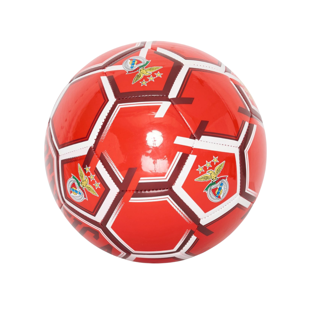 Bola de futebol vermelha com emblemas do SL Benfica.