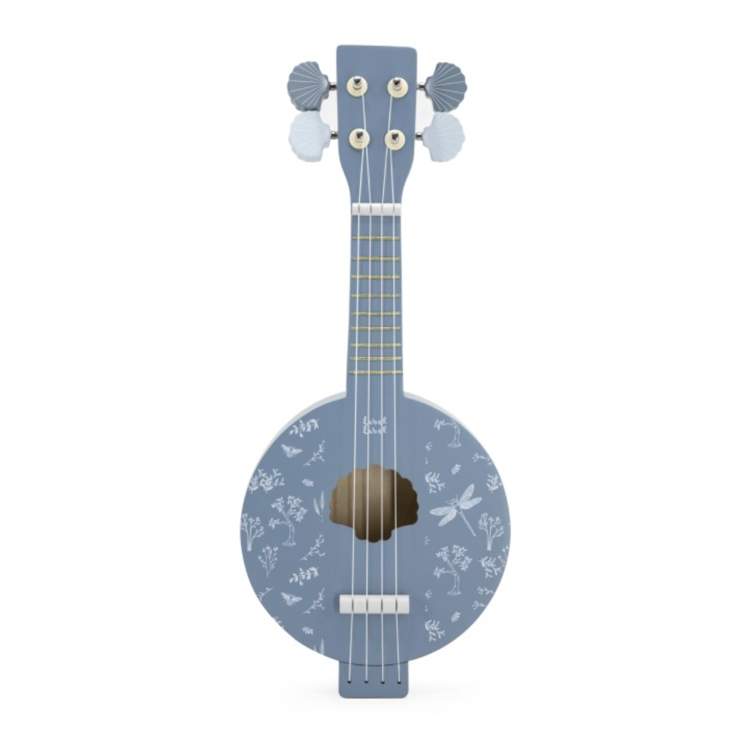 Ukulele azul com padrão floral branco no corpo