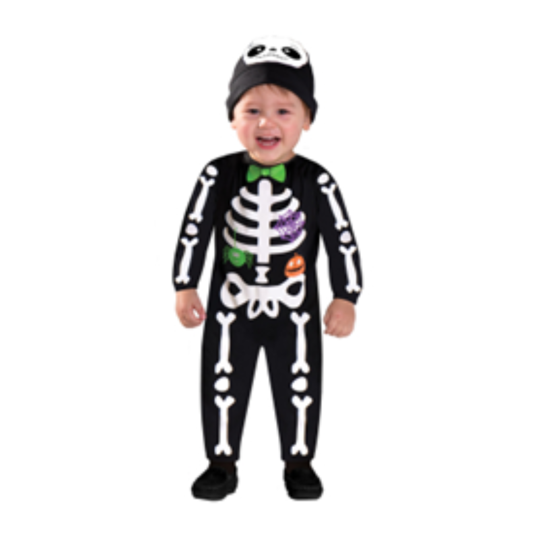 Fato de esqueleto para criança com gorro temático
