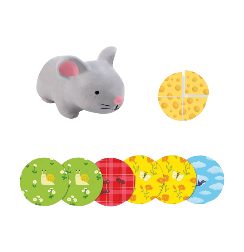 Brinquedo rato cinzento com peças circulares coloridas com diversos padrões