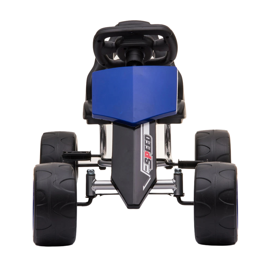 Carrinho de brinquedo azul e preto com pneus largos e texto SPEED