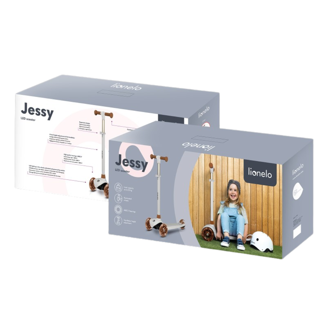 Embalar de trotinet infantil Jessy com imagem de criança sentada e capacete branco