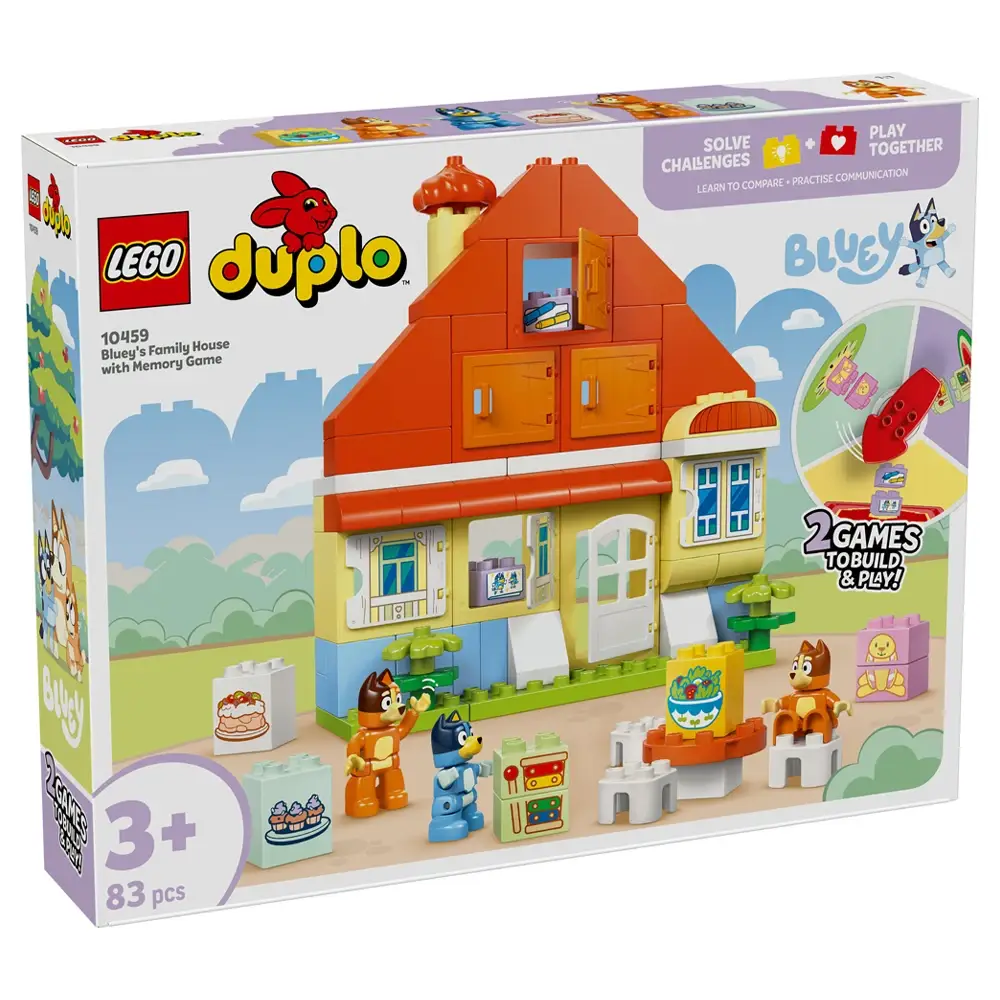 Caixa do LEGO Duplo 10459 com casa familiar, figuras e acessórios coloridos para crianças a partir dos 3 anos.