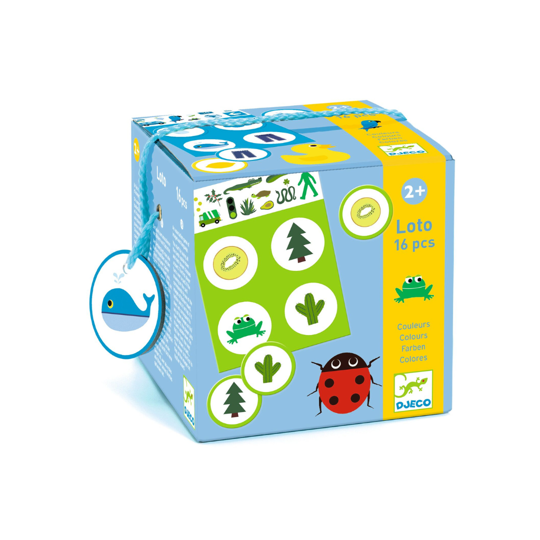 Embalagem de jogo de Loto para crianças com ilustrações coloridas de animais e plantas.