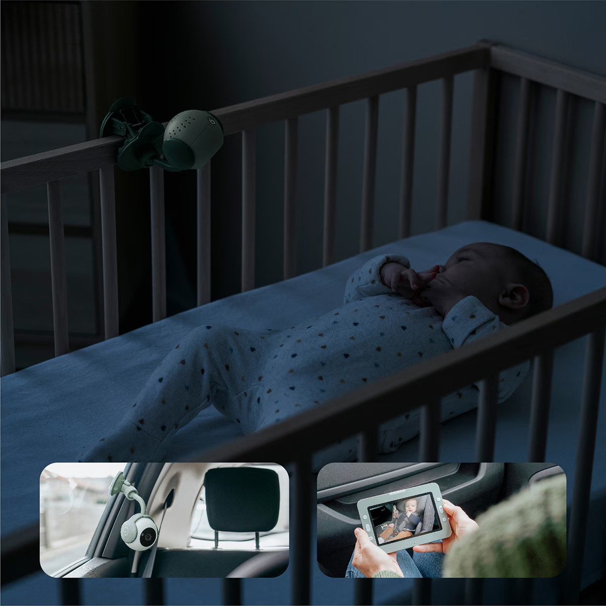 Berço com bebé a dormir e monitor de vídeo para bebés verde escuro