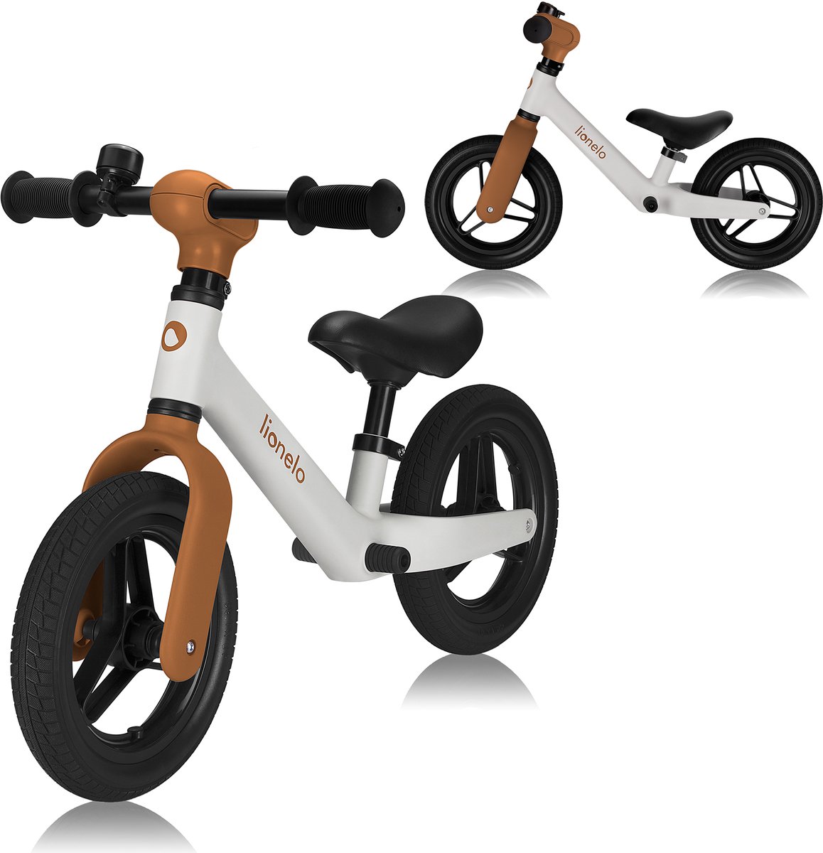 Bicicleta equilíbrio criança branca castanho preta com texto lionelo