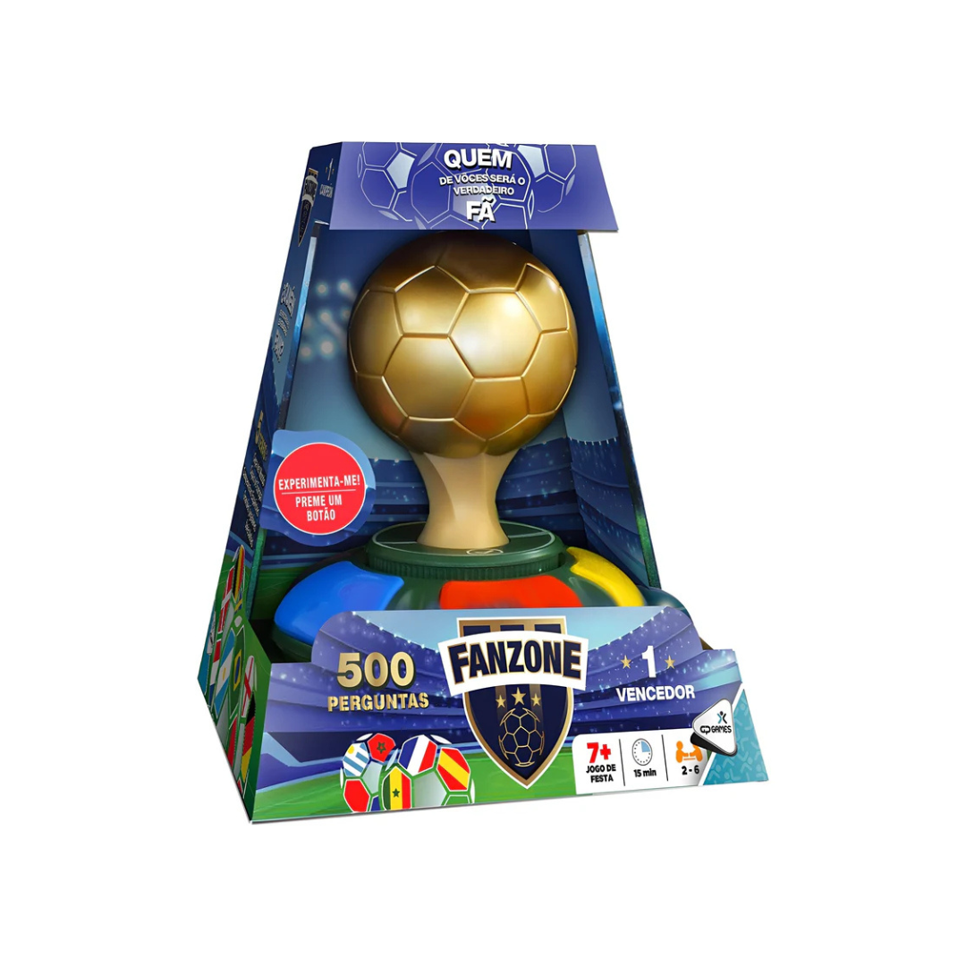 Jogo Fanzone com troféu dourado bola de futebol em embalagem azul