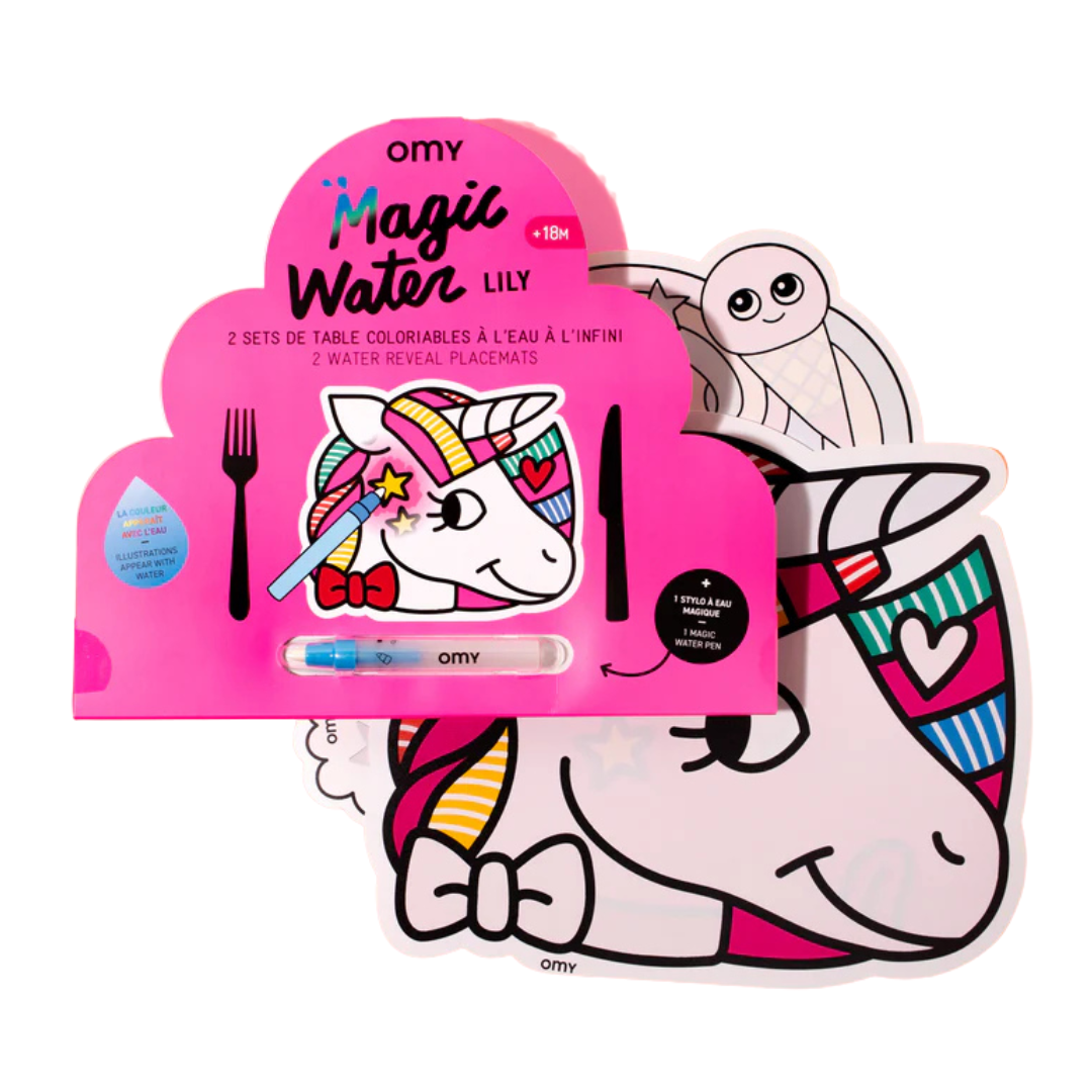 Packaging em rosa com desenho de unicórnio e caneta de água mágica
