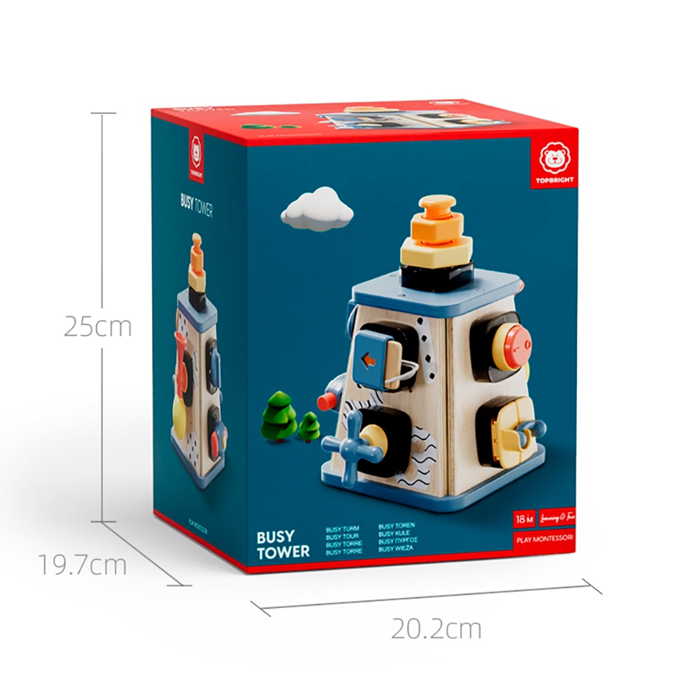 Caixa com brinquedo educativo de madeira Busy Tower em fundo azul