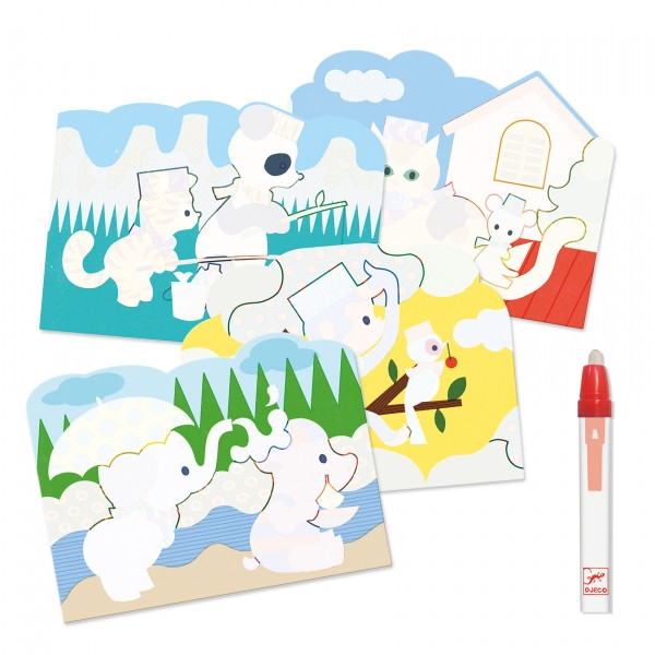 Cartões infantis com animais em cores pastel e caneta vermelha