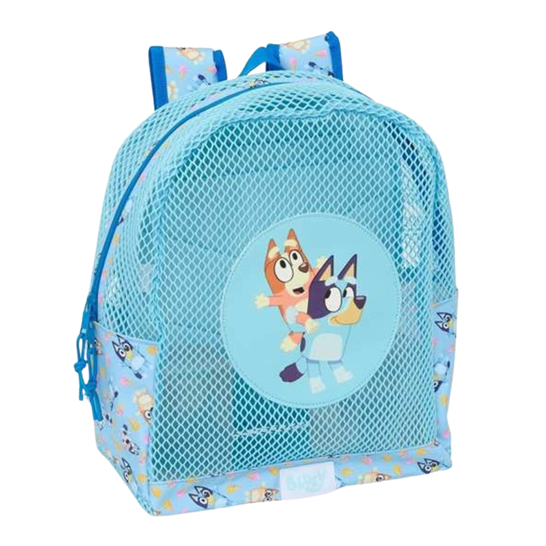 Mochila infantil azul com rede frontal e estampa de personagens animados
