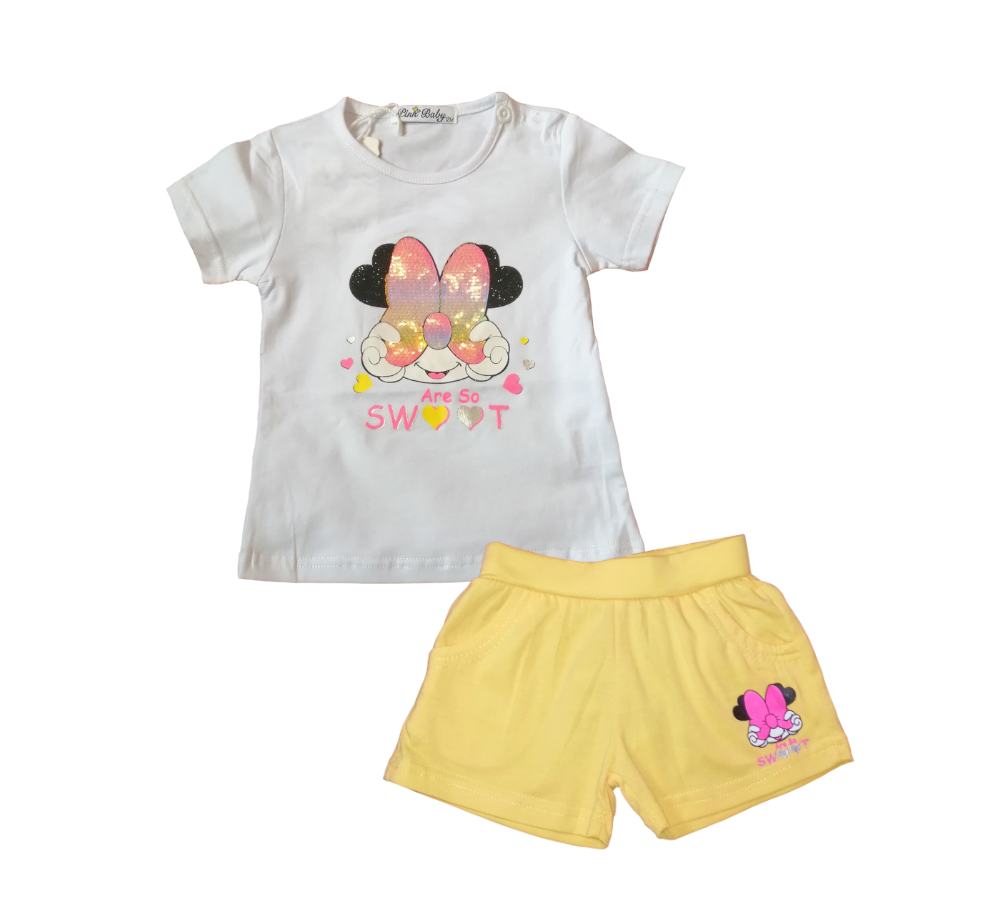 Conjunto roupa infantil t-shirt branca com coelho e cal\u00e7\u00f5es amarelos