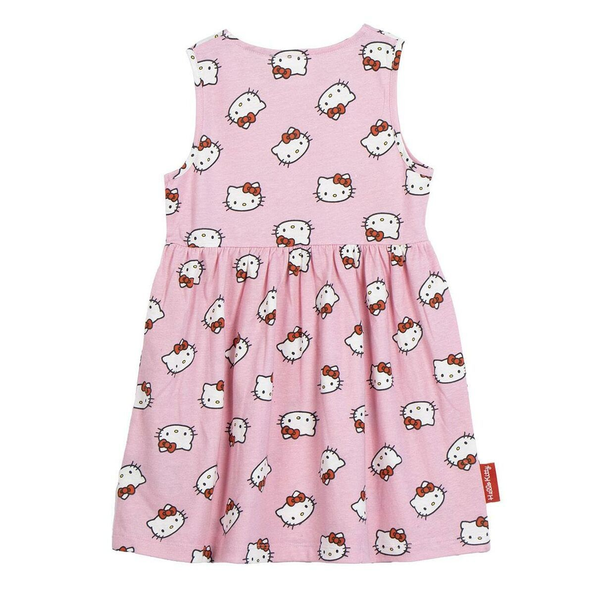 Vestido infantil rosa com estampa Hello Kitty e laço vermelho.