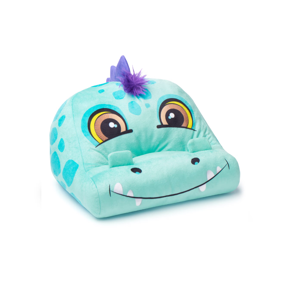 Poltrona infantil de tecido azul em forma de dinossauro com detalhes roxos e manchas azuis