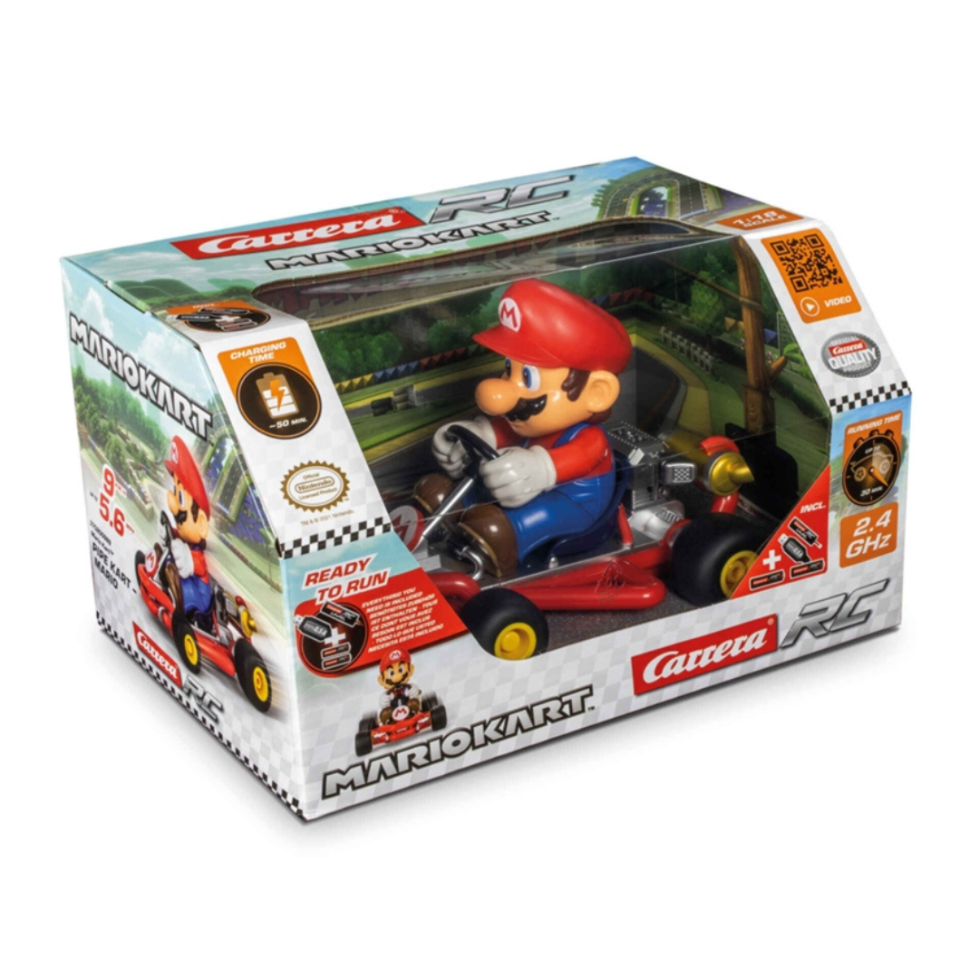 Carrinho de corrida RC Mario Kart com figura de Mario em caixa colorida