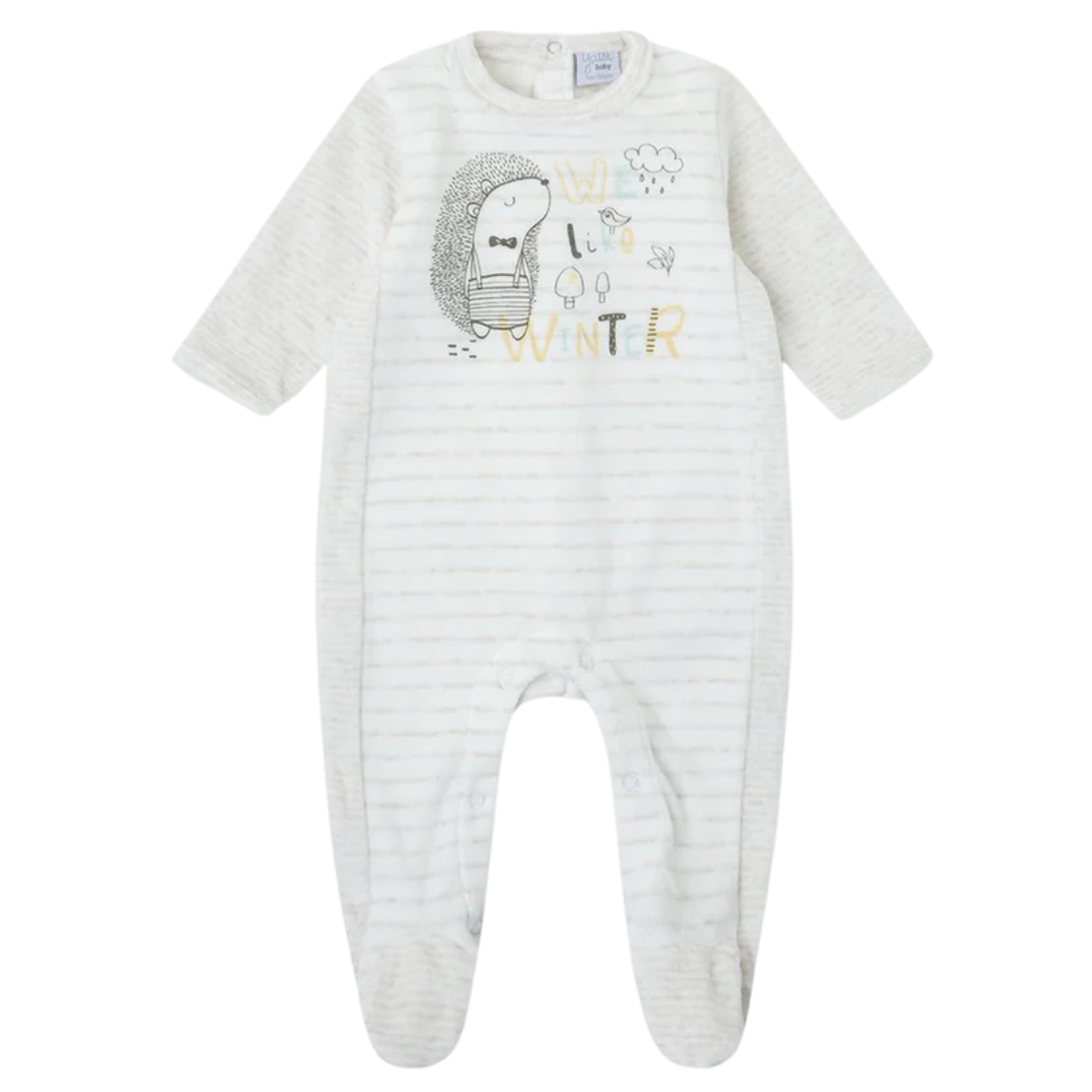 Macacão de bebé branco com riscas cinzentas e ilustração de ouriço com texto