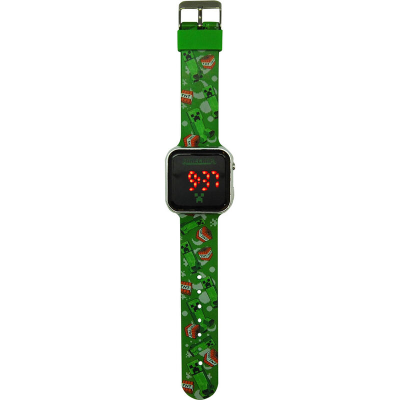 Relógio digital LED com bracelete verde estampada com desenhos do jogo Minecraft