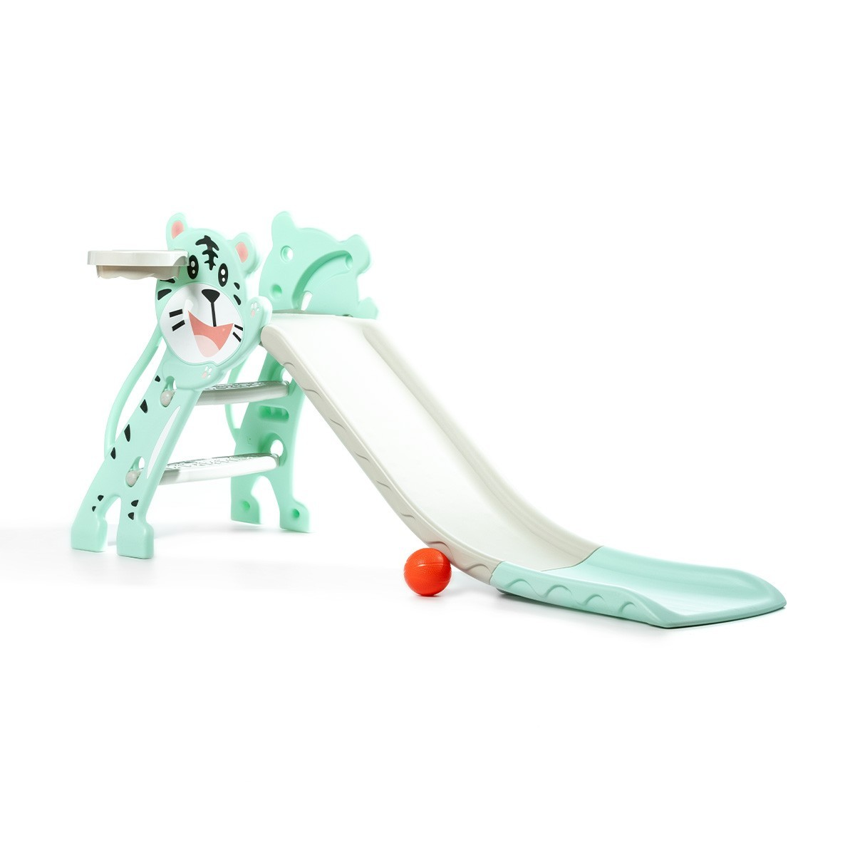 Escorrega infantil com design de tigre e bola laranja