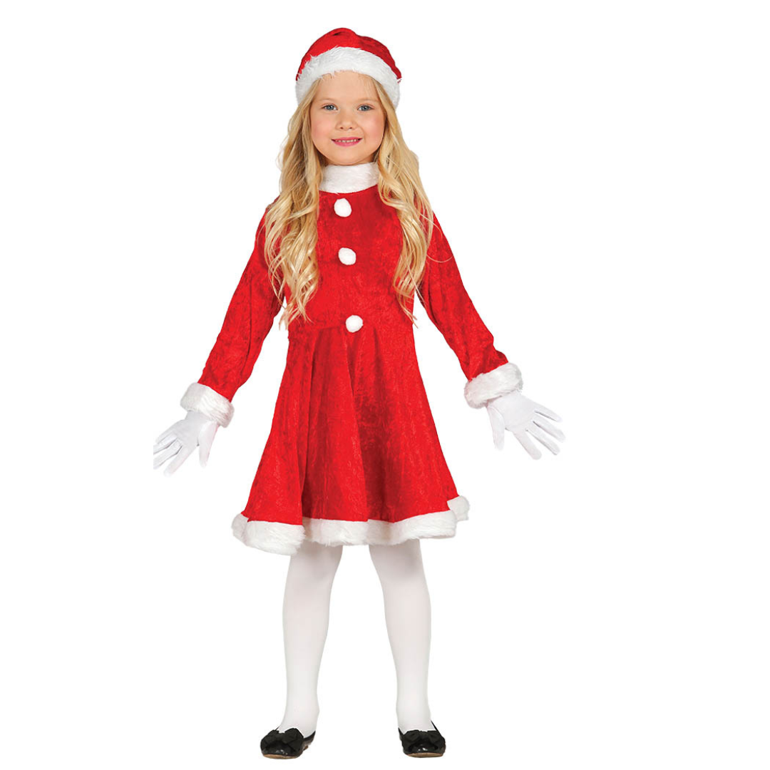 Criança com vestido vermelho de Pai Natal, chapéu, luvas e collants brancos