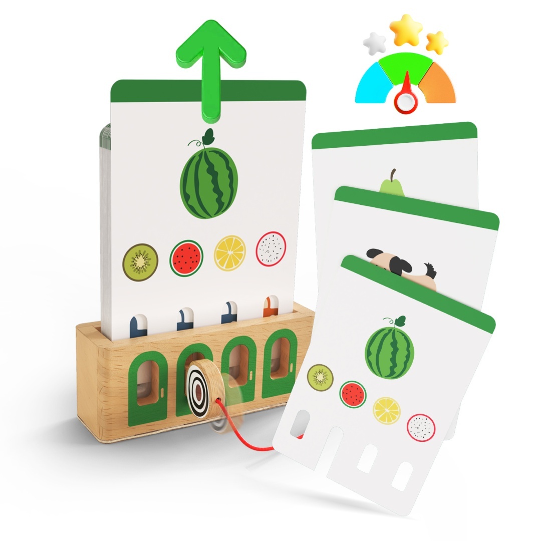 Cartas educativas com frutas e base em madeira com mecanismo giratório