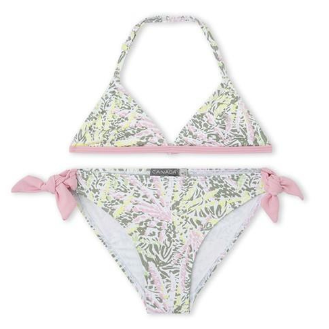 Biquíni de duas peças com padrão colorido e laços laterais cor-de-rosa