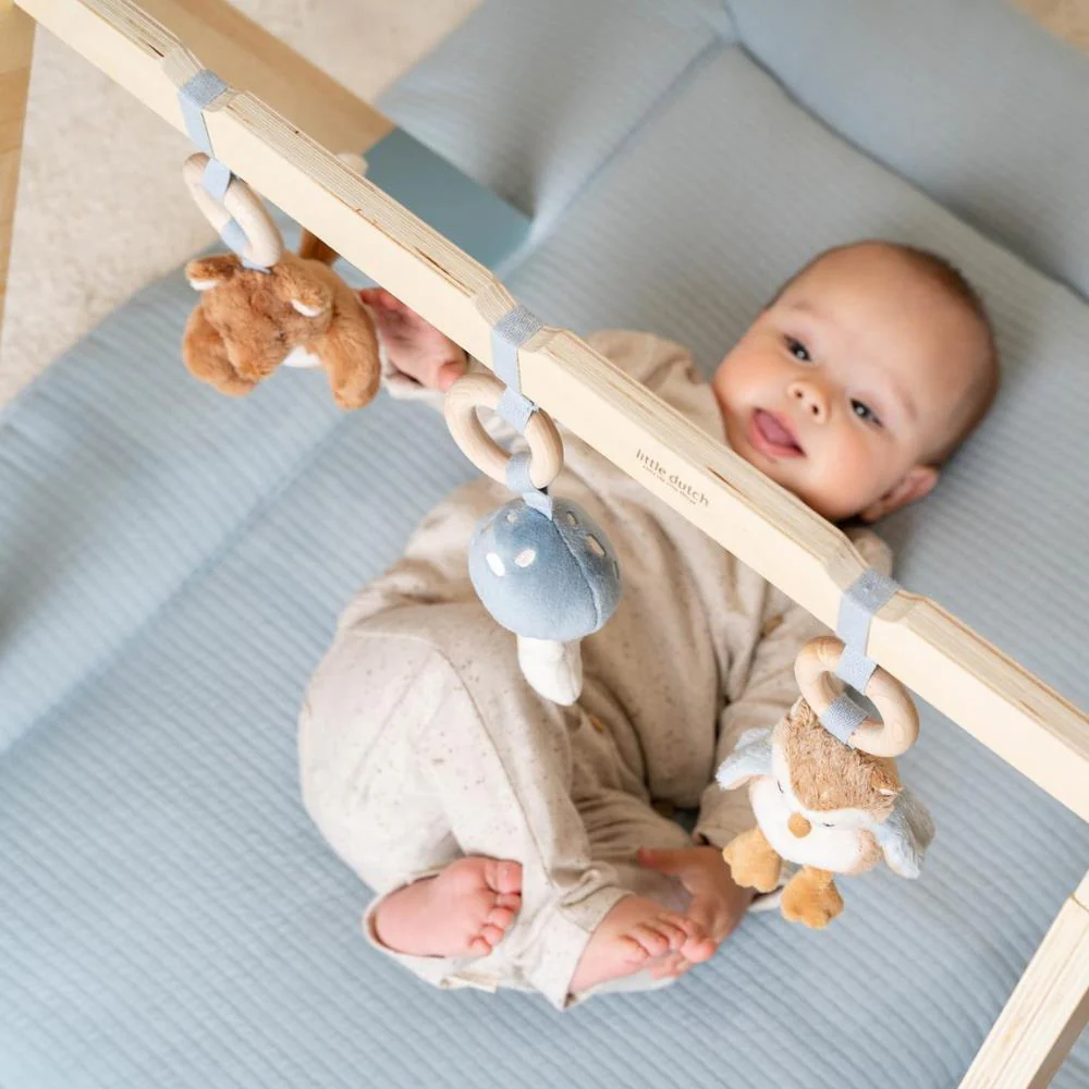 Parque de atividades para bebés com brinquedos pendurados e bebé deitado numa almofada azul.