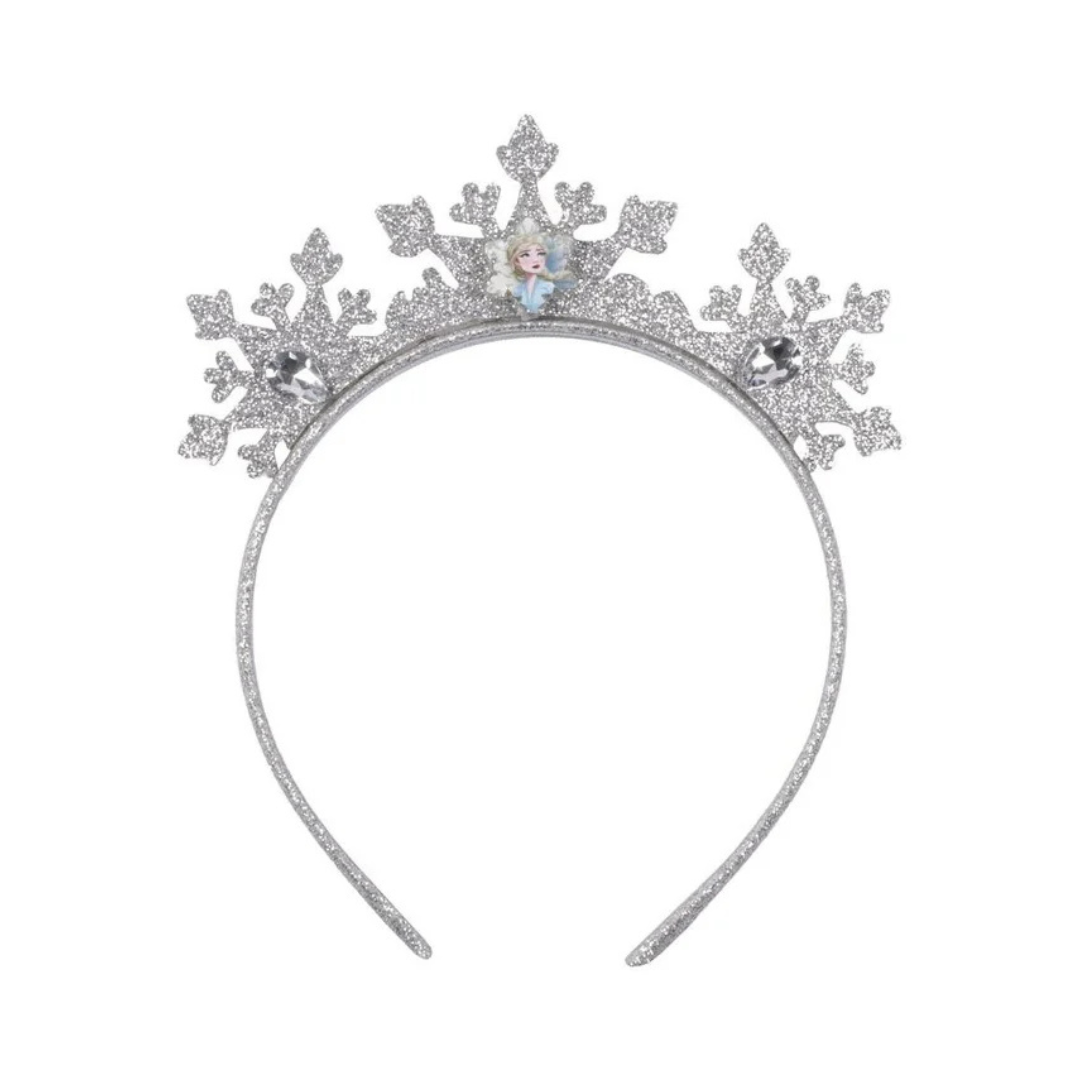 Tiara infantil prateada com flocos de neve e figura da personagem Elsa