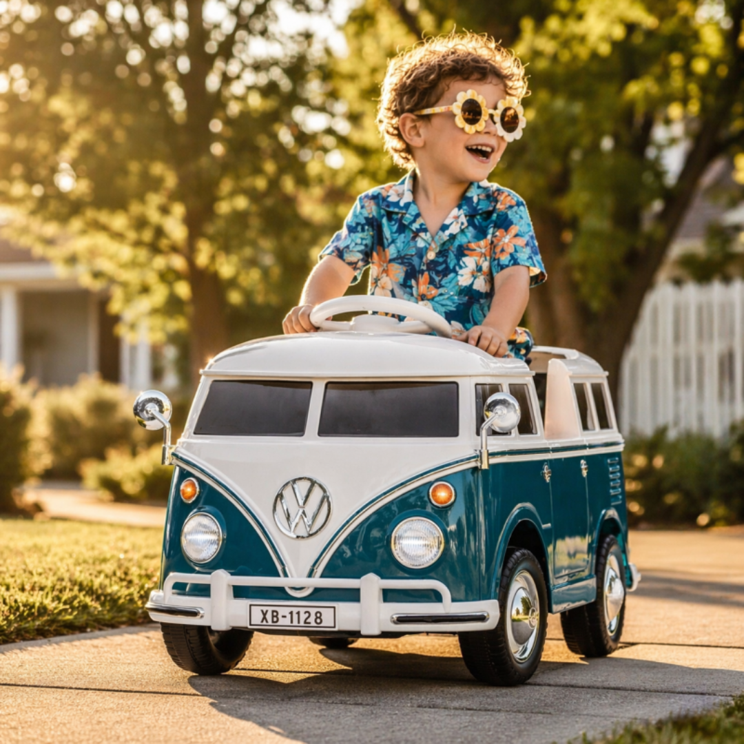 Carro elétrico de brinquedo Volkswagen Kombi com criança e óculos de sol florais