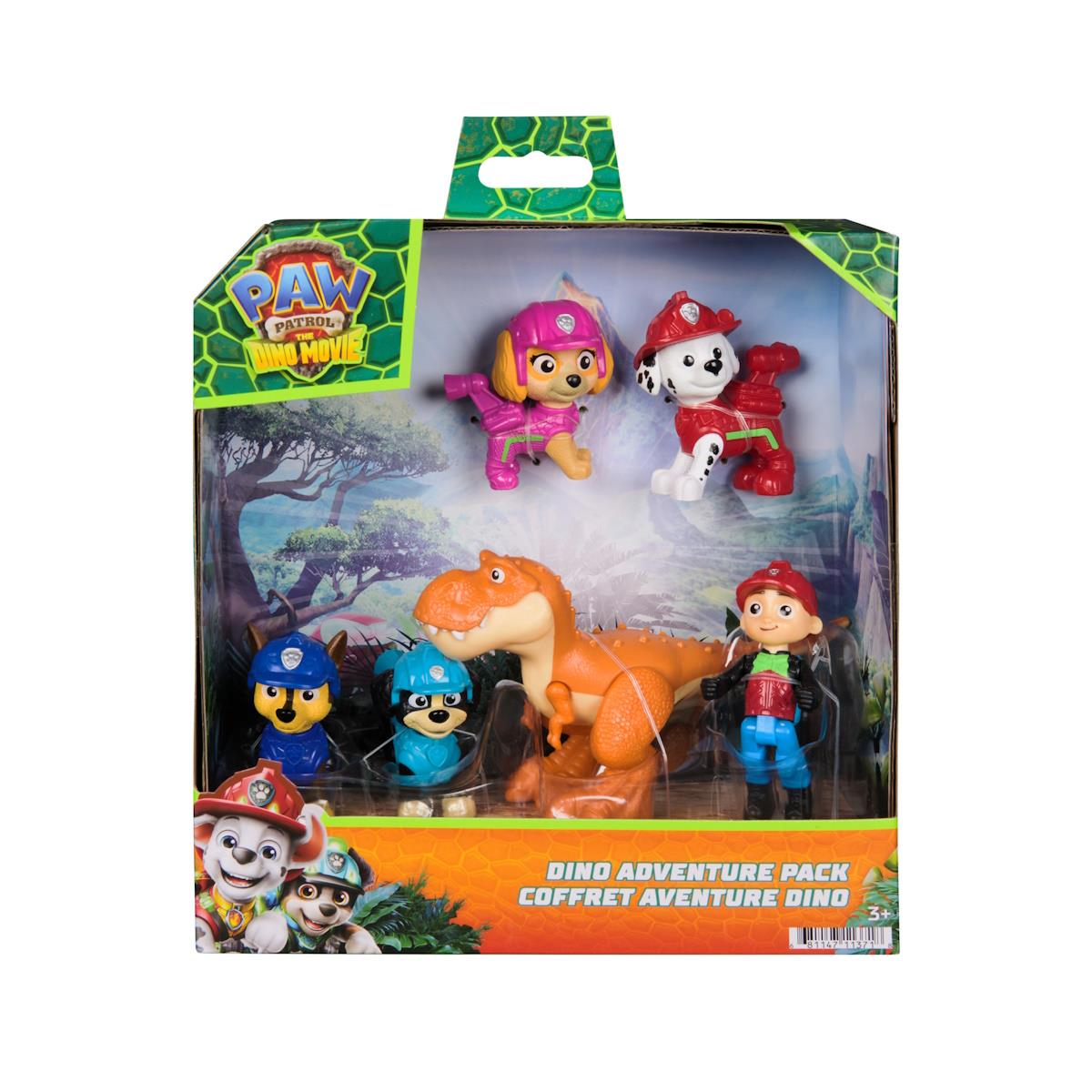 Pack PAW Patrol The Movie com figuras de dinossauro e personagens em roupas coloridas