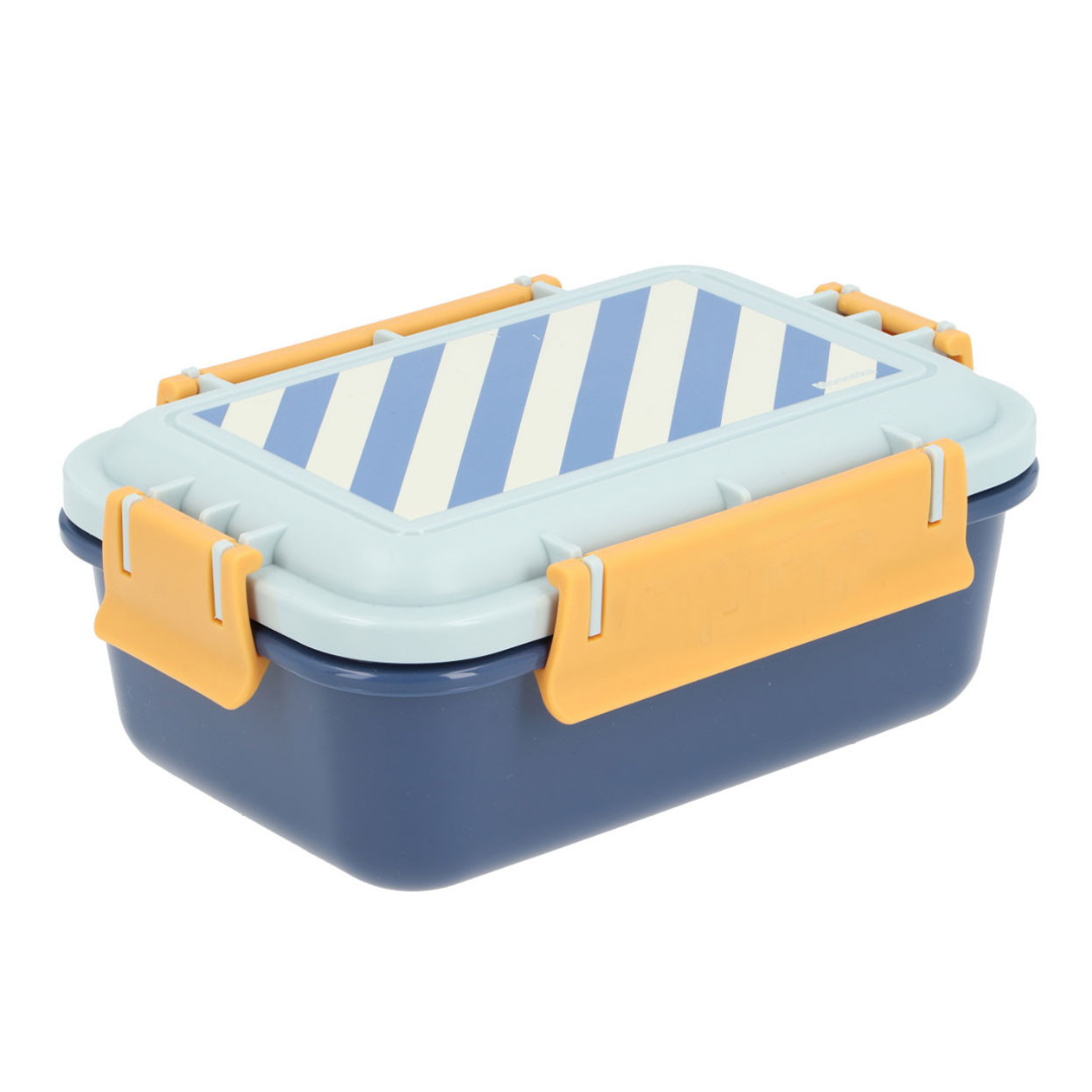 Recipiente de plástico azul com tampa azul claro e fechos amarelos