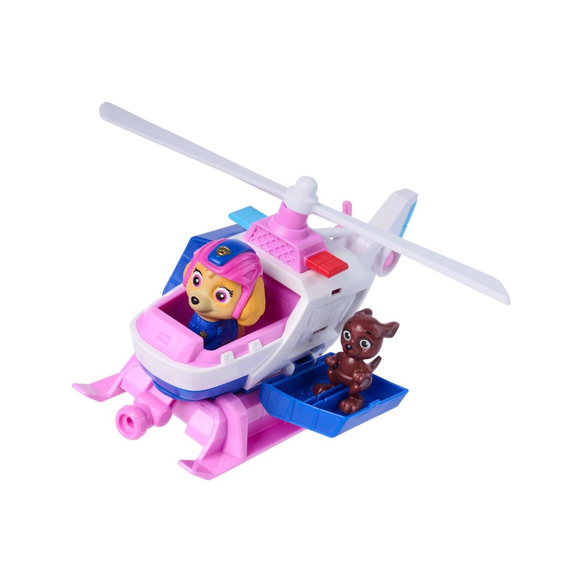 Brinquedo helicóptero com duas figuras de animais de plástico