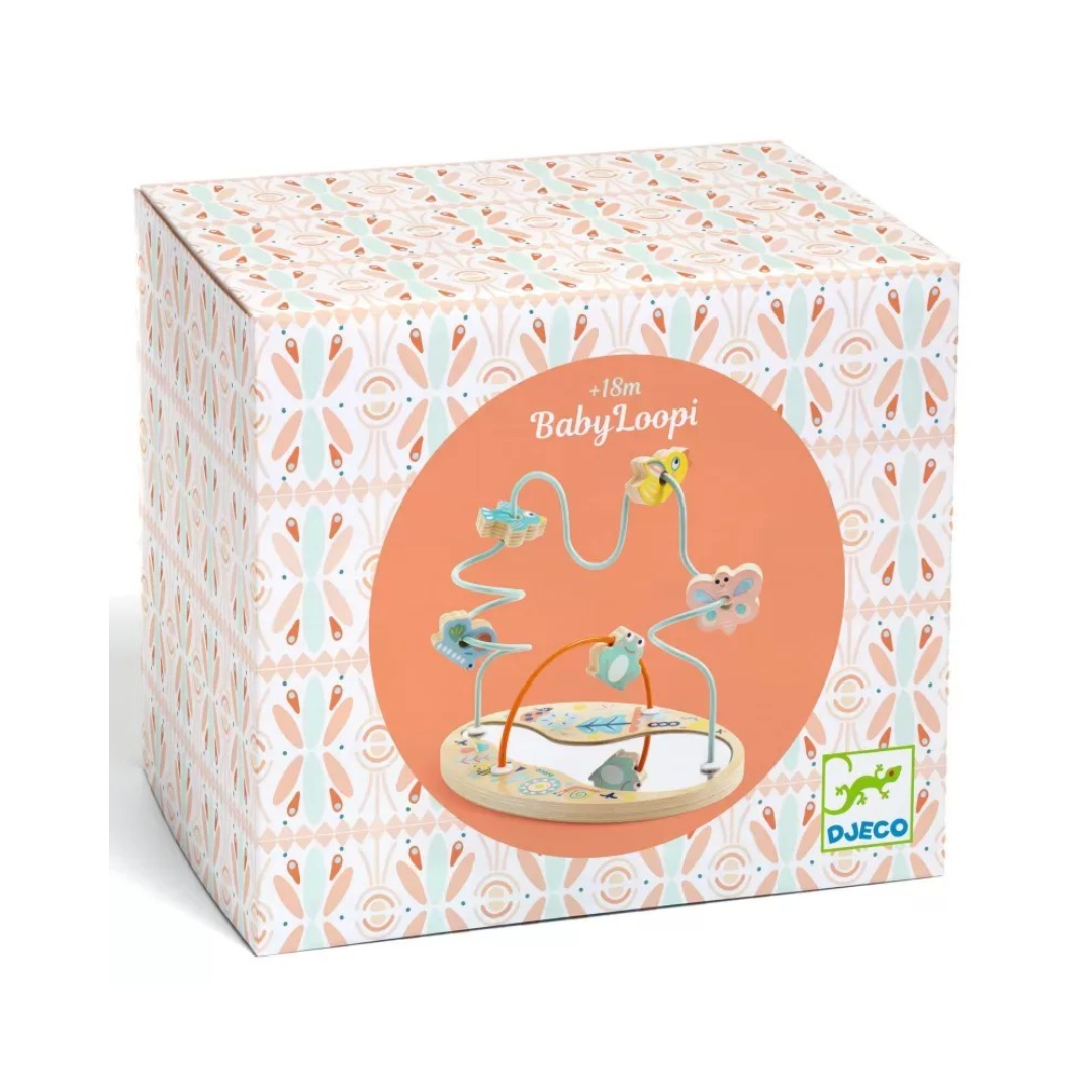 Caixa com brinquedo Baby Loopi da Djeco em padrão rosa e branco