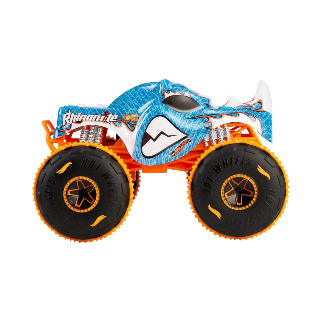 Carrinho de brinquedo Hot Wheels Rhinomite azul com rodas pretas e detalhes laranja