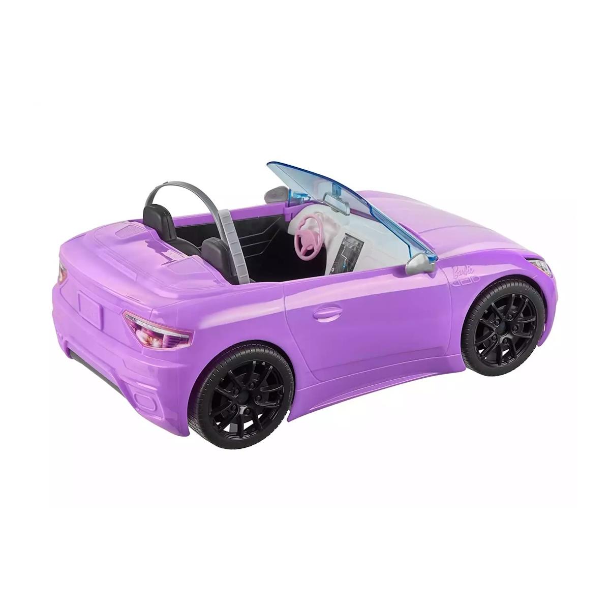 Carro de brinquedo lilás descapotável com volante rosa e rodas pretas