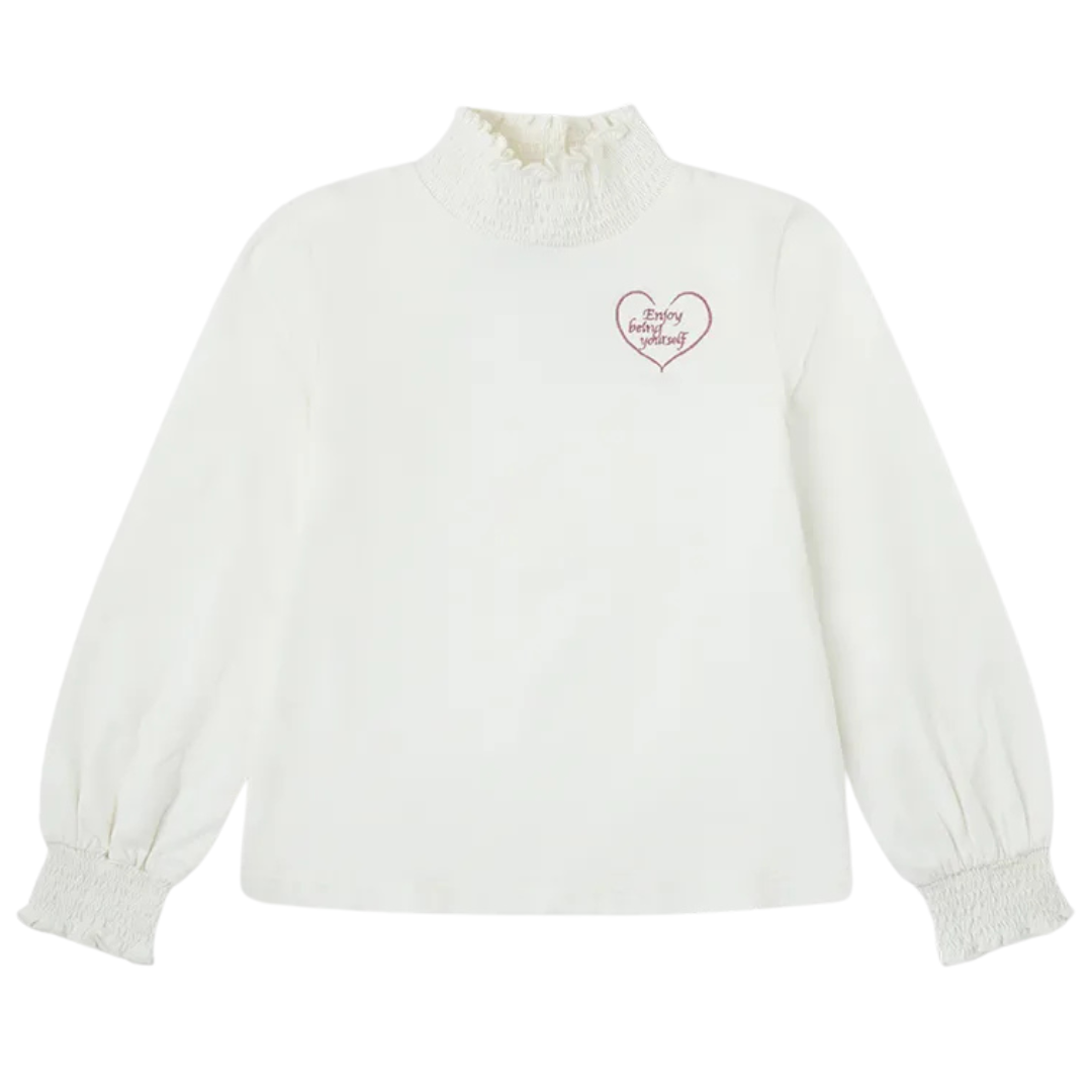 Camisola branca de manga comprida com bordado de coração e texto