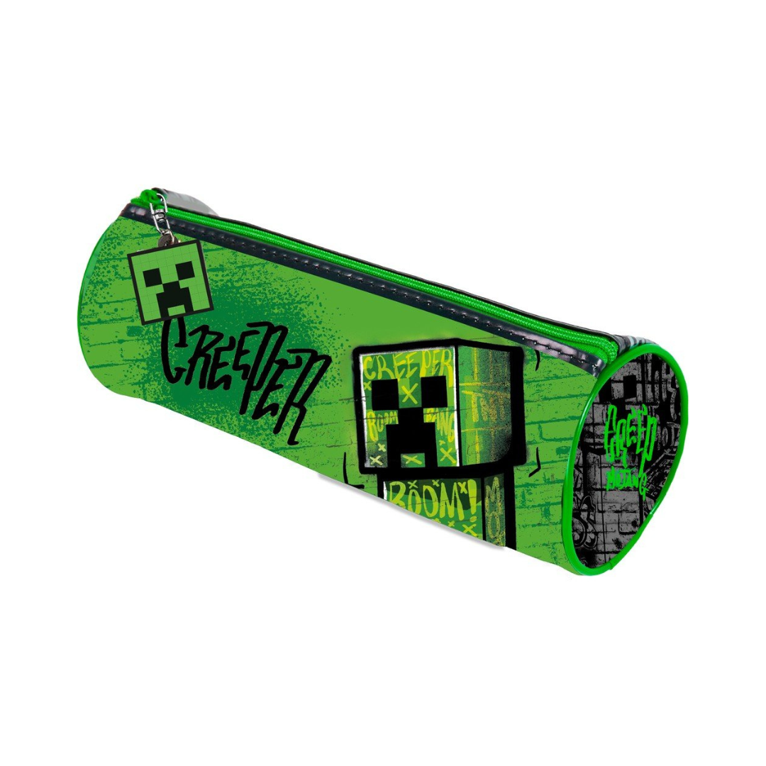 Estojo cilíndrico verde com tema Minecraft Creeper