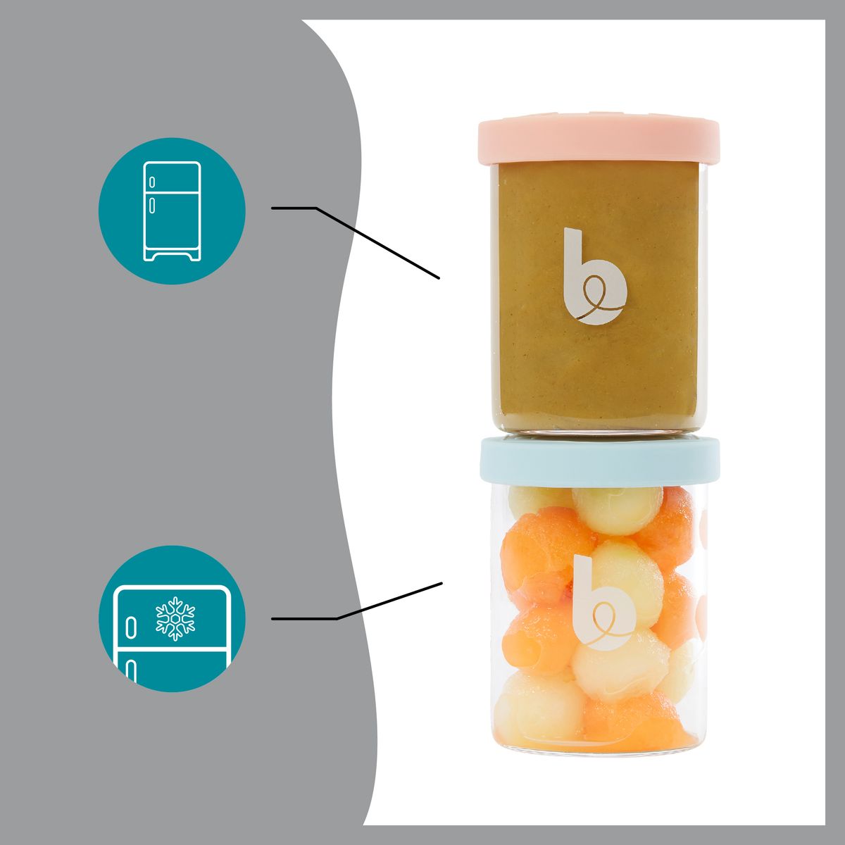 Duas embalagens transparentes com tampas rosa e azul contendo purê e bolas de fruta.