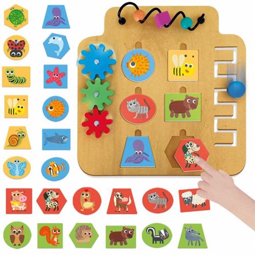 Brinquedo educativo de madeira com peças coloridas de animais e engrenagens