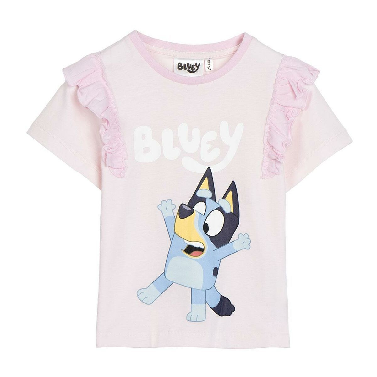 Camisola rosa clara para criança com estampa Bluey e folhos nas mangas