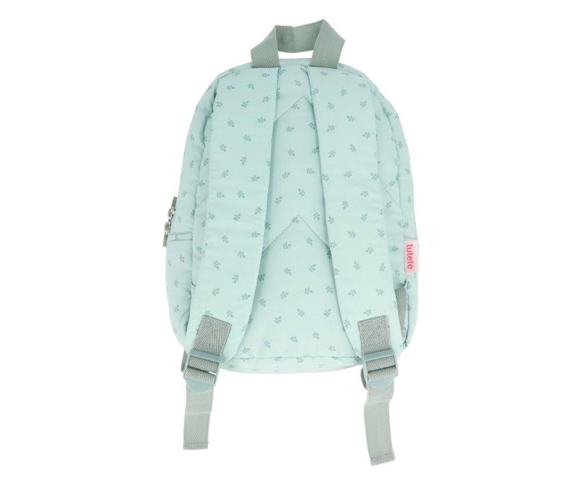 Mochila azul claro com padrões pequenos e alças cinzentas