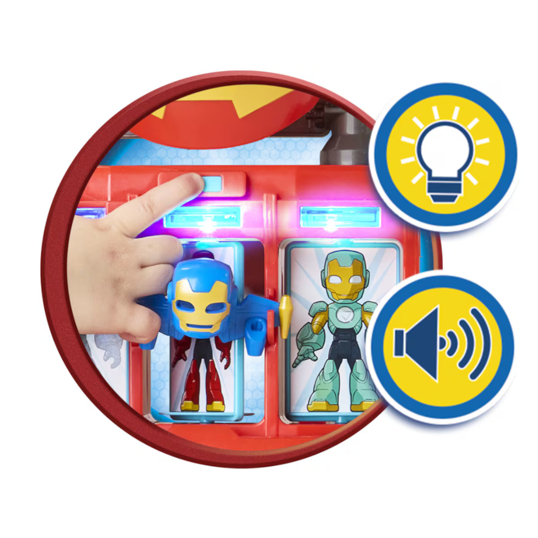 Figura de ação azul e amarela com painel vermelho e botões de luz e som